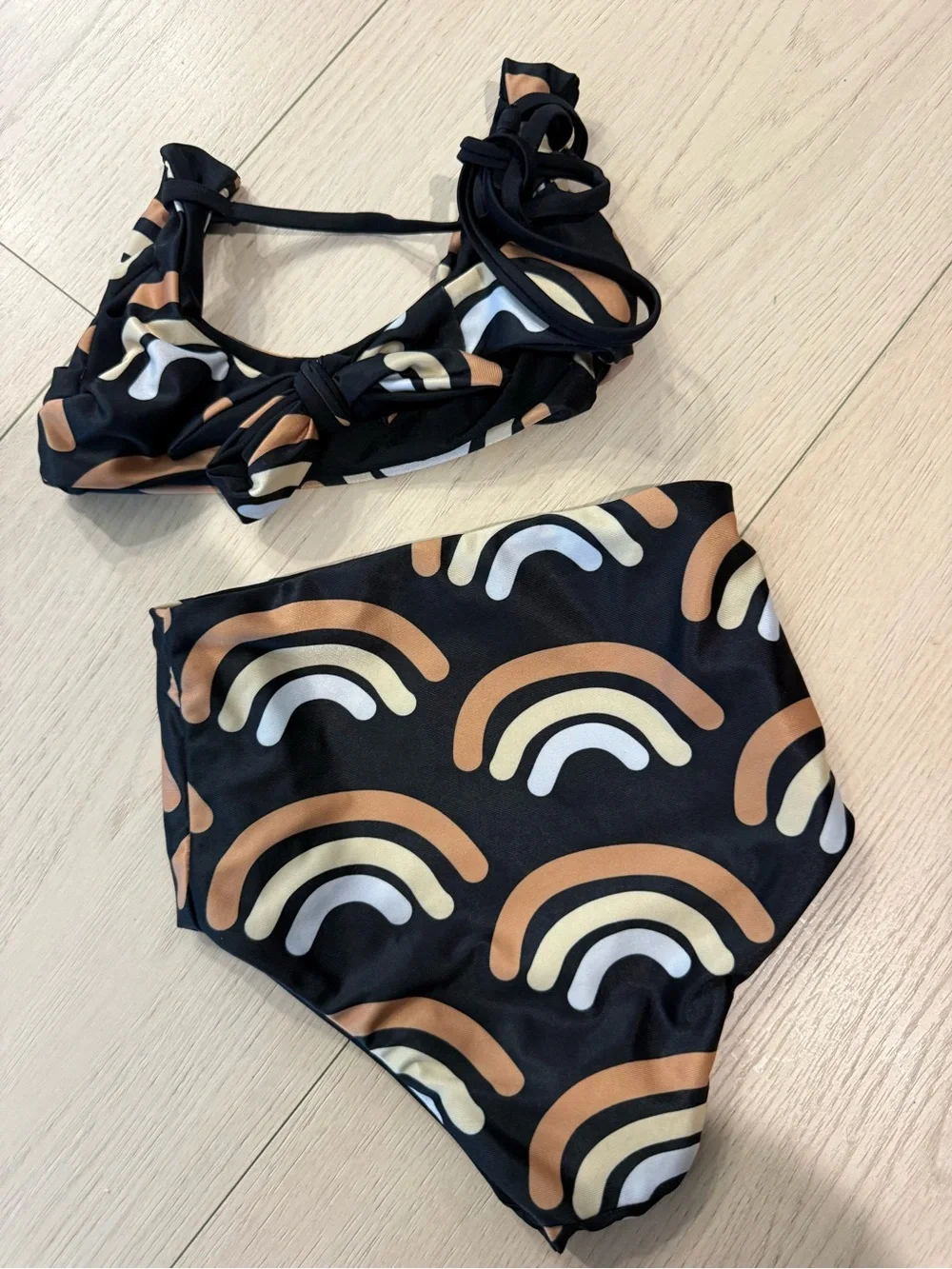 Of Of One Sea Girls' High-Waist Bikini Black with Tan & Cream Rainbow | 0/1T